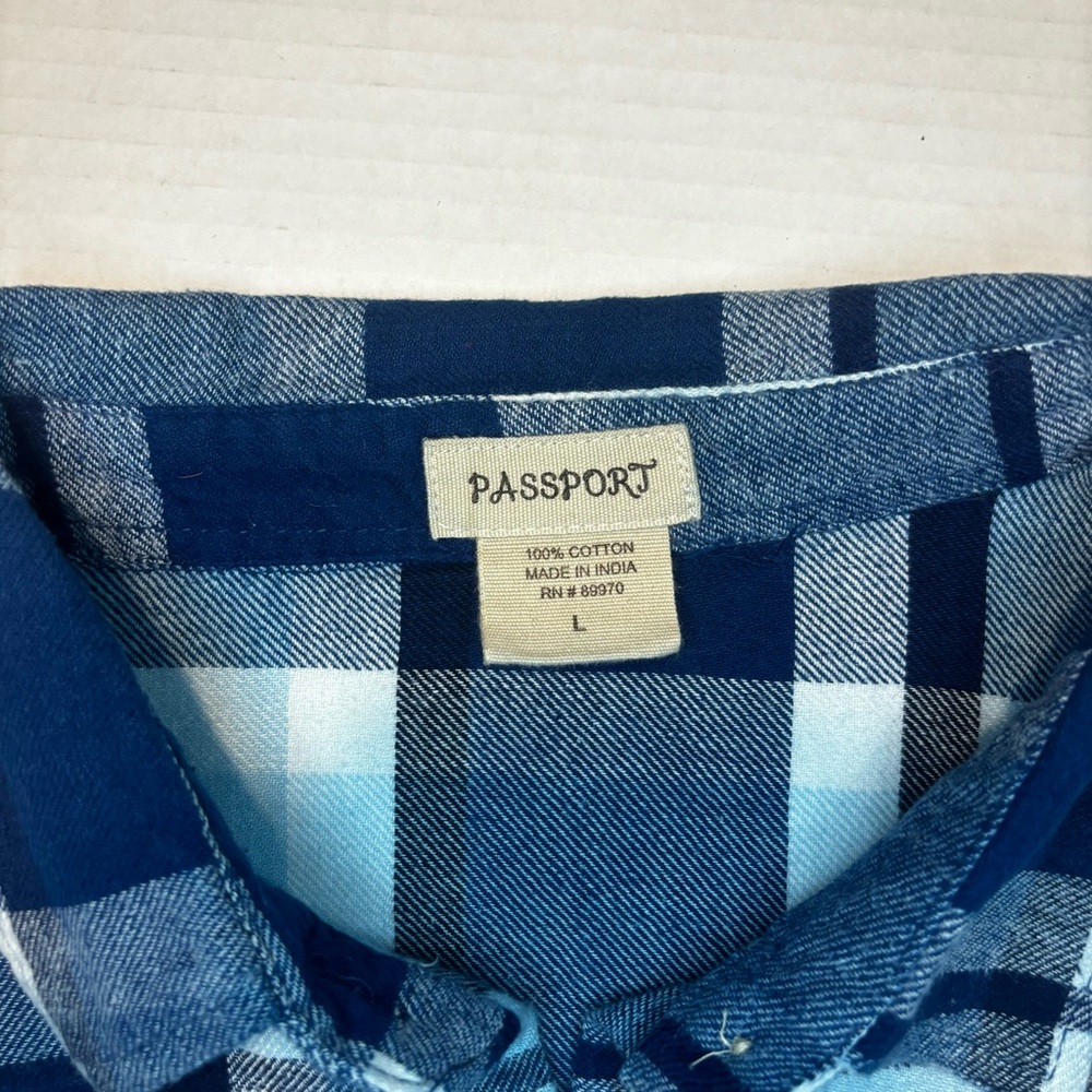 Passport Plaid Flannel Shirt Roll Tab Sleeve Blue Junior Size L or Womens Size S - Picture 3 of 9